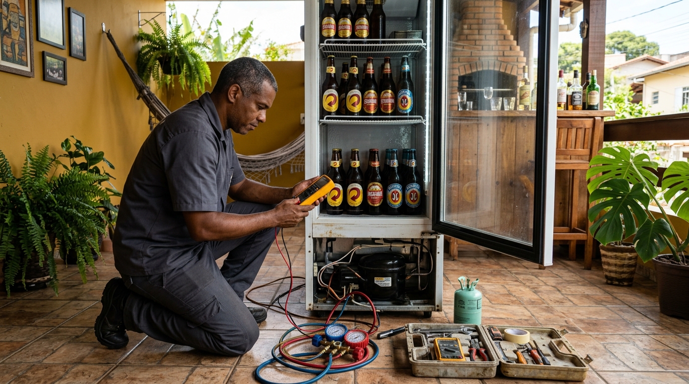 Placa eletrônica de cervejeira em reparo na bancada em São Bernardo do Campo‑SP
