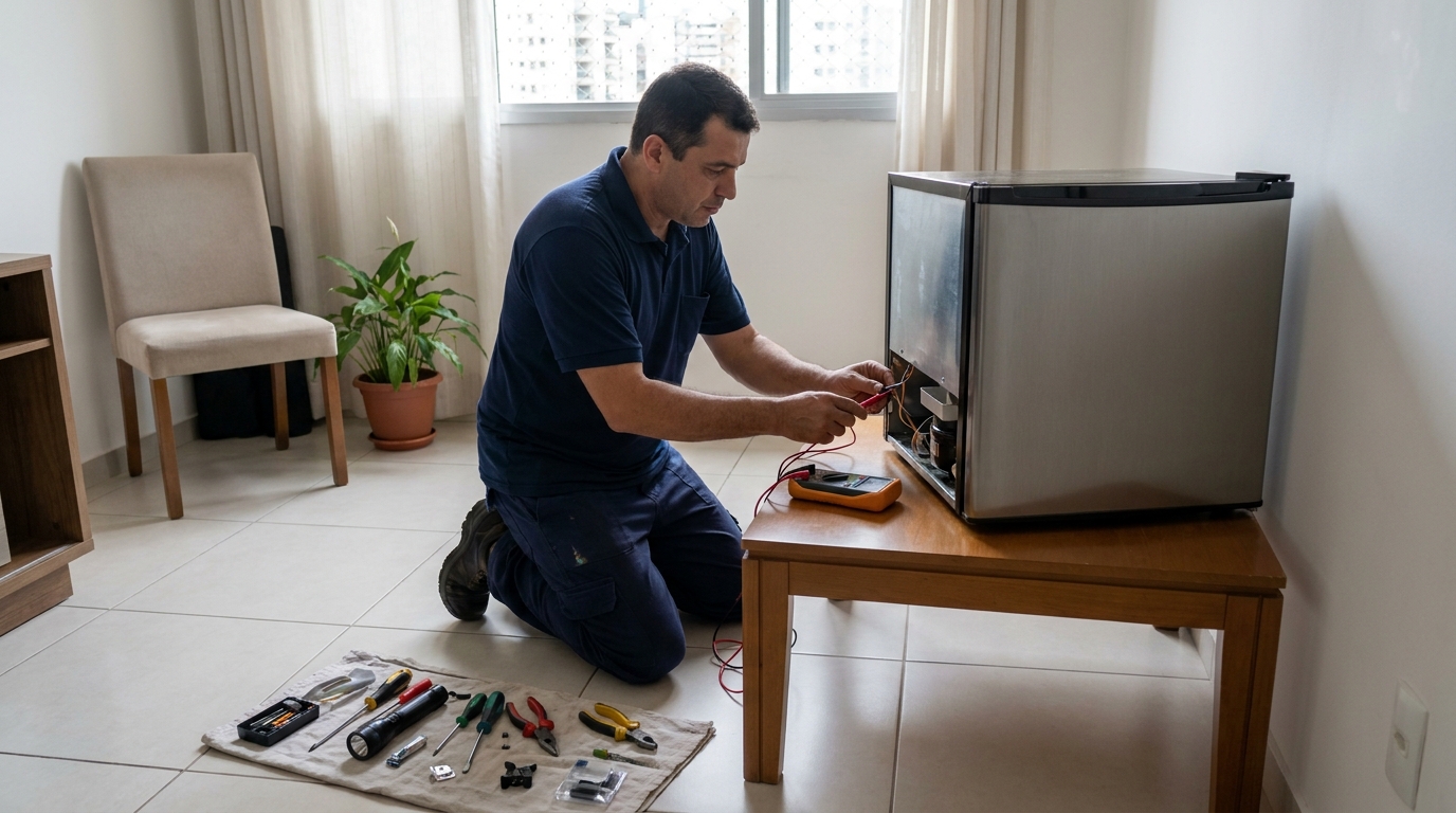 Técnico revisando o motor de um frigobar em São Bernardo do Campo‑SP