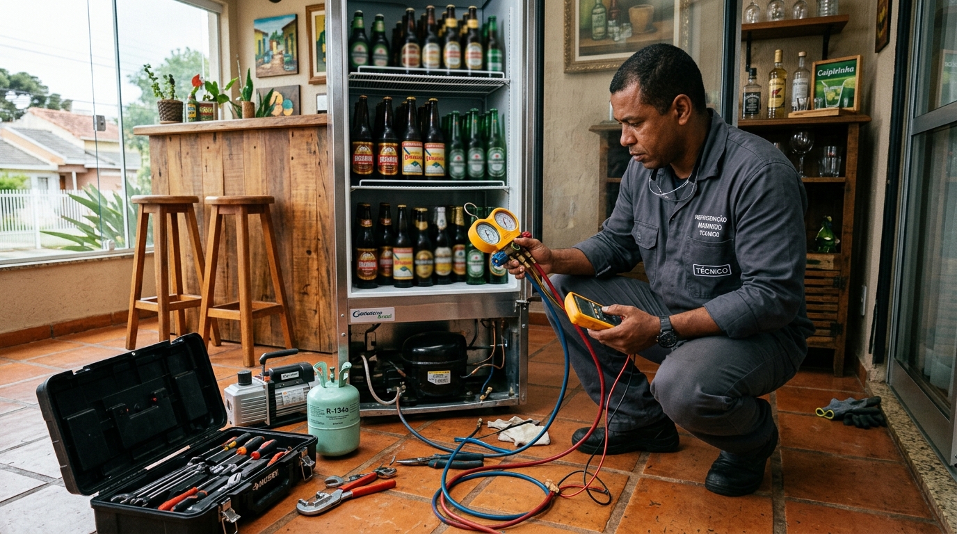 Técnico conferindo a temperatura de uma cervejeira durante atendimento em São Bernardo do Campo‑SP