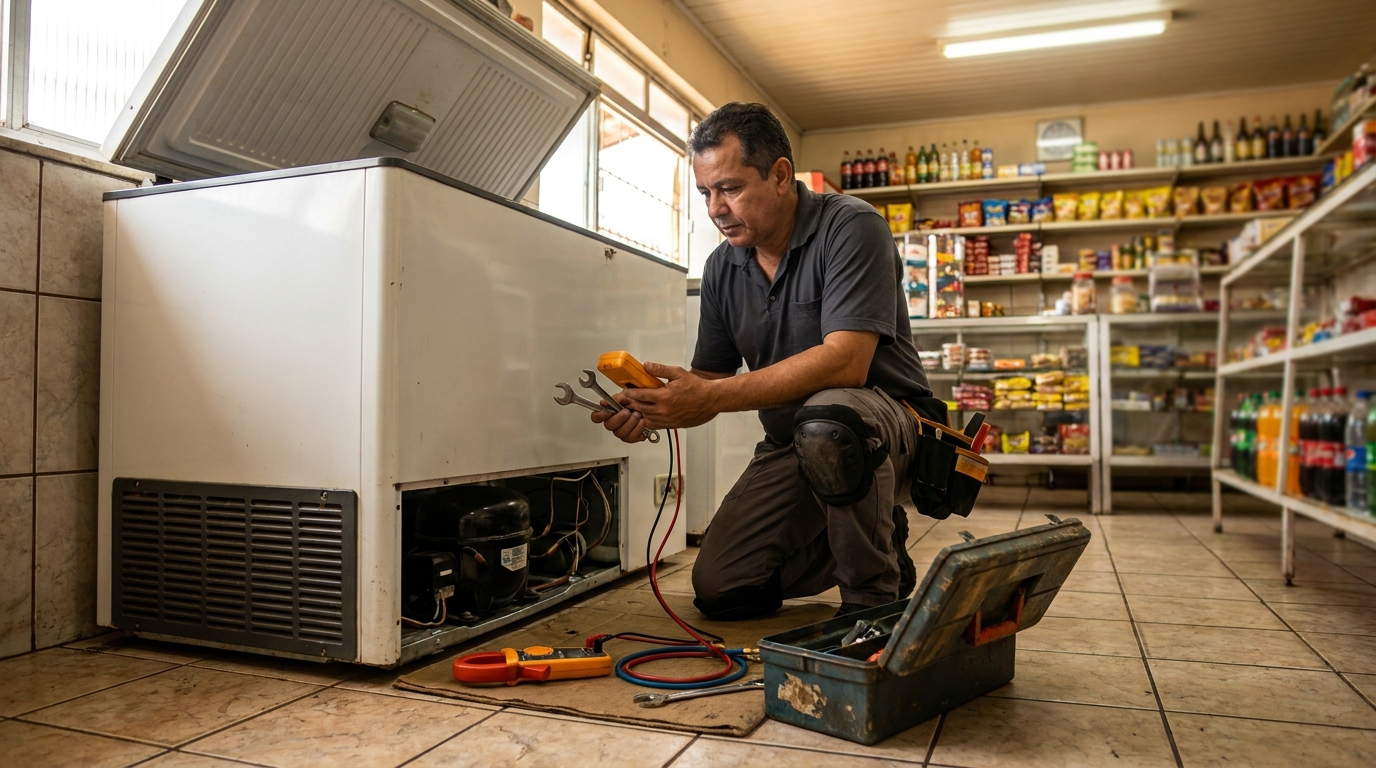 Técnico avaliando um freezer vertical durante atendimento em São Bernardo do Campo‑SP